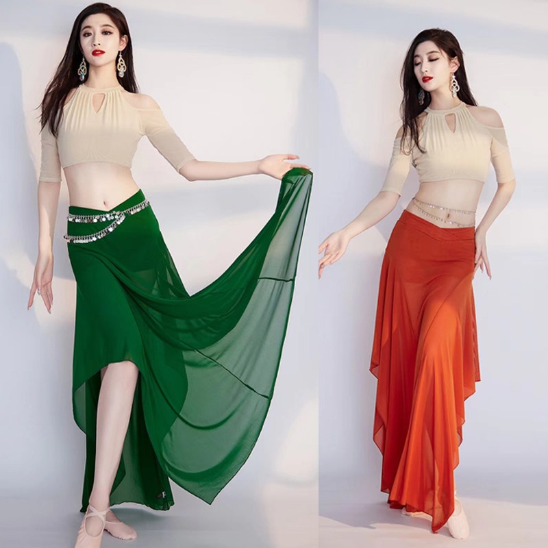 벨리댄스복 라인댄스 의상 쉬폰 롱 플레어 언발란스 스커트 줌바 공연 무대 연습복 우아한 - 상품 이미지