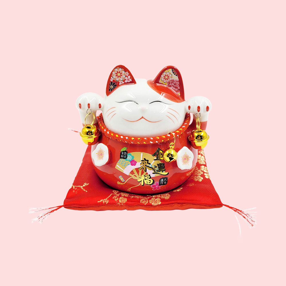 일본 전통 복고양이 세라믹 저금통 (레드) - 상품 이미지