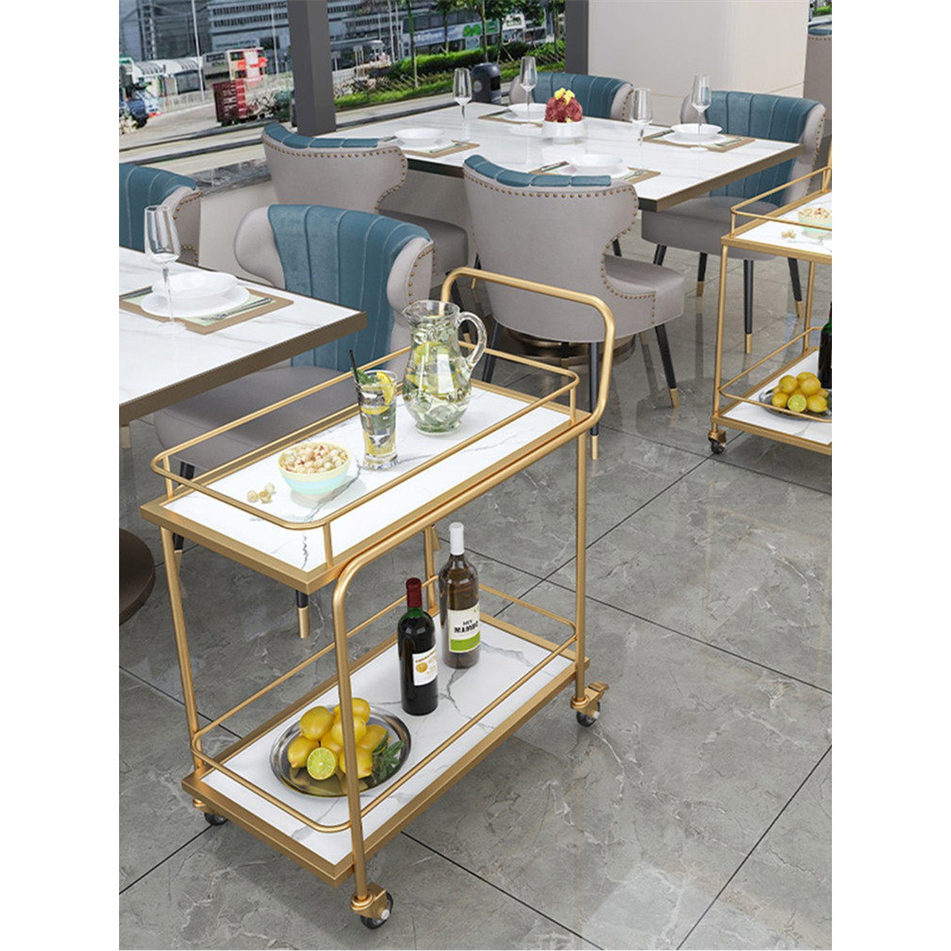 핸드카트 철제 이중 밀차 서빙카트 웨건 층판 골드 서빙카 대리석 67x39x90cm 서랍 화이트 3단 이중 골드 화이트 대리석 층판 - 상세 이미지 2