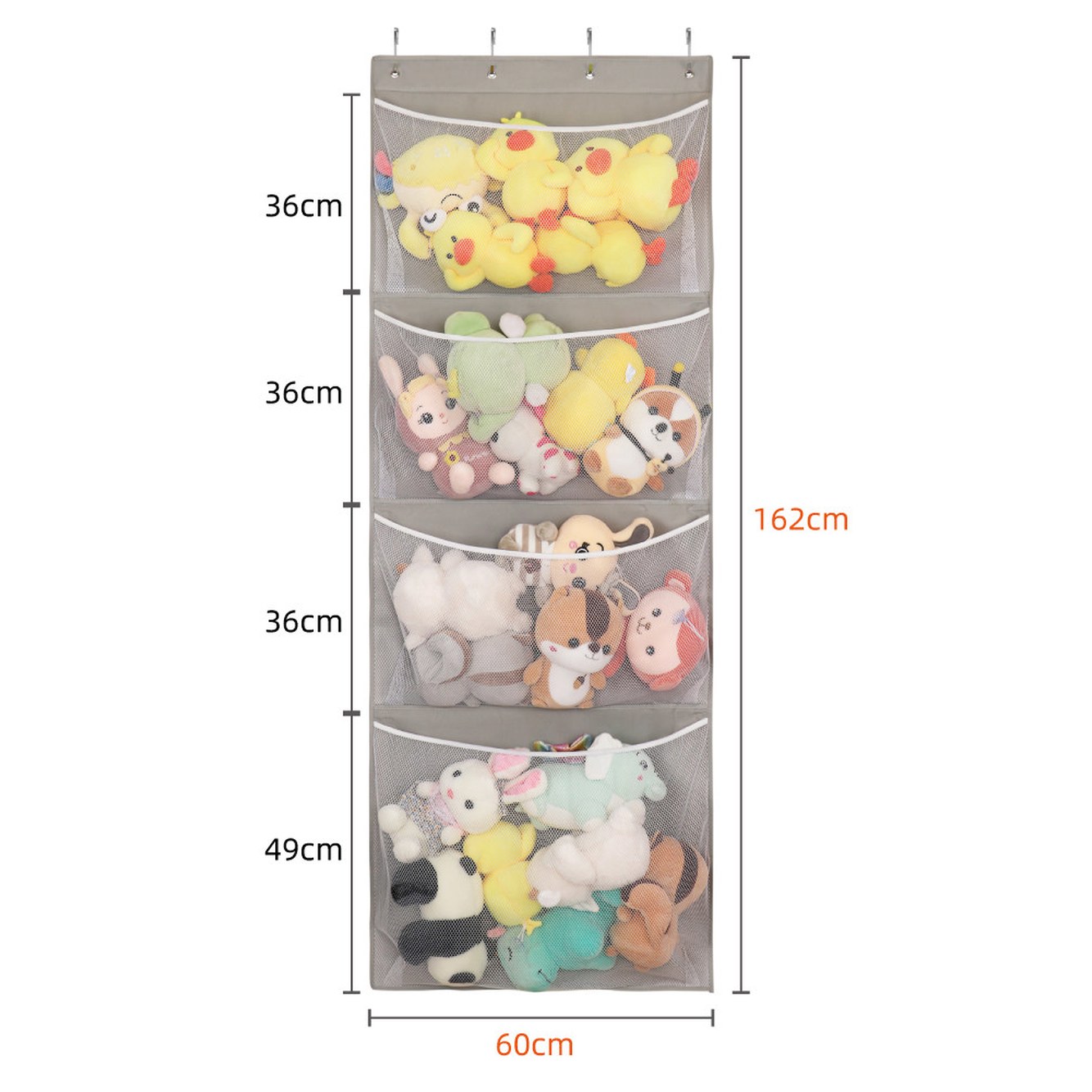 베 40cm 5칸 문걸이 면직물 인형정리함 라이트그레이 포켓형 벽걸이 4칸 솜파트 - 상세 이미지 3