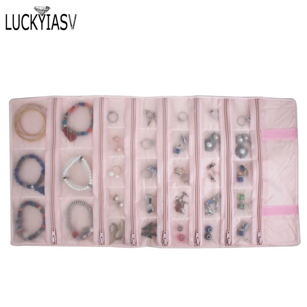 벨벳 여행 56 PVC 반지용 버건디 지퍼 백 귀걸이 쥬얼리 정리함 롤 그리드 커버 팔찌 케이스 목걸이 15 1 먹색 플리스 8칸 액세서리 수납 가방 - 상품 이미지