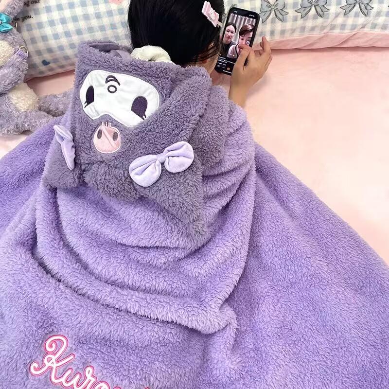 산리오 숄 후드 담요 사무실 낮잠 플러시 가을 겨울 헬로키티 쿠로미 시나모롤 마이멜로디 쿠로미 숄 80 x 160cm - 상세 이미지 3