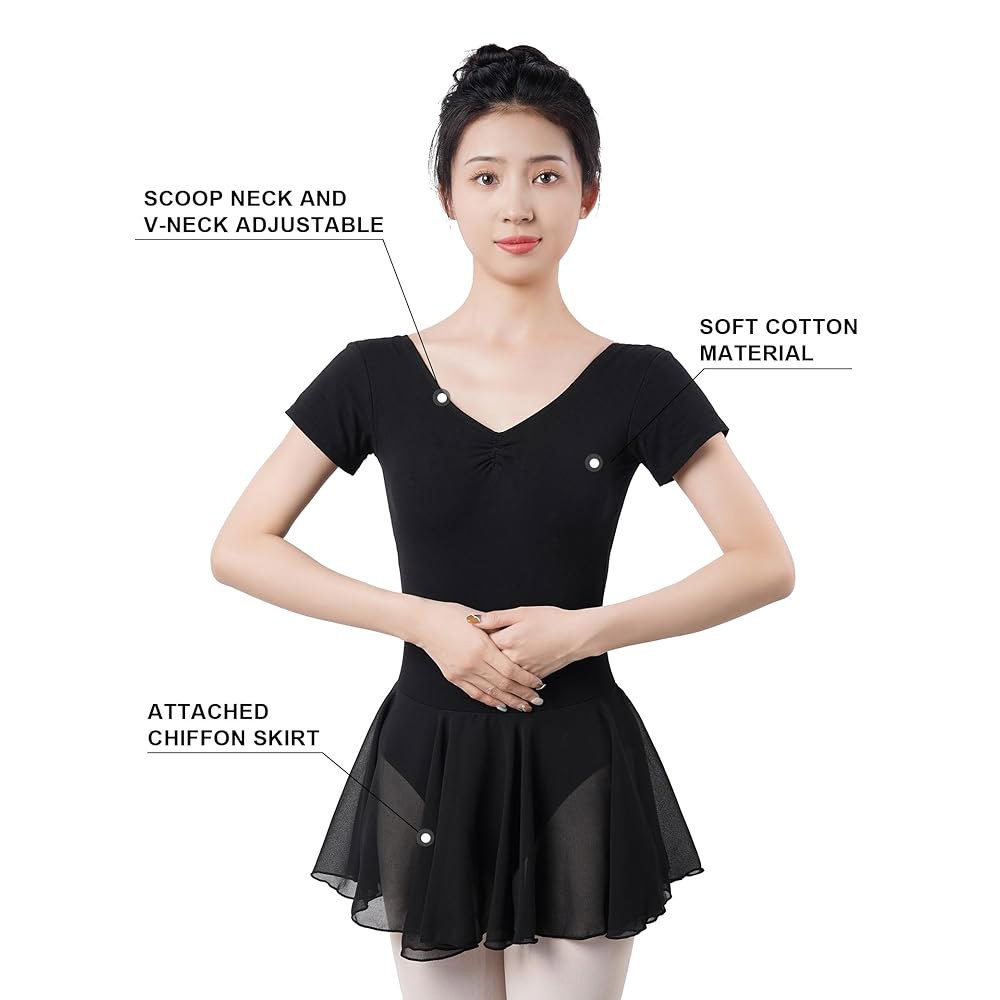 Phoeswan 캐미솔 여성용 발레 레오타드, 패드 성인용 블랙 가슴 댄스 포함, 스커트 반소매 Black Skirt X-Small - 상세 이미지 2