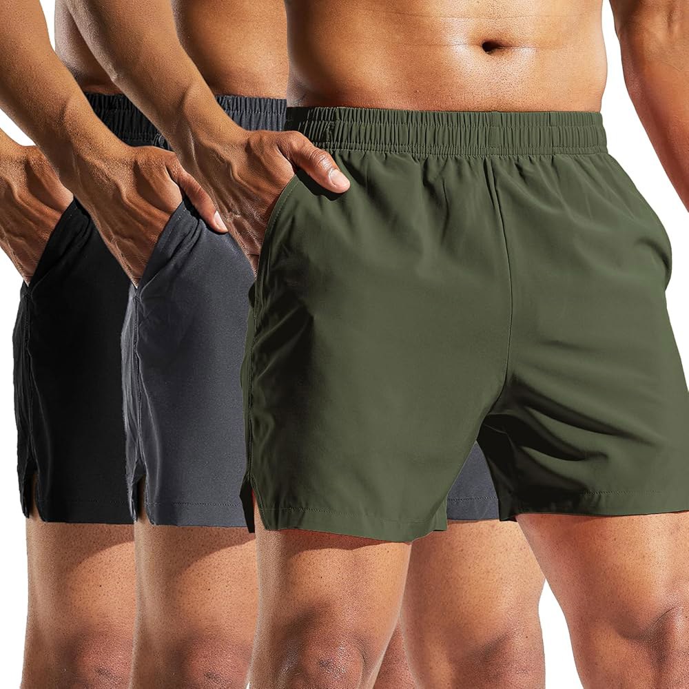 MIER 남성용 3팩 러닝 운동용 트레이닝 12.7cm(5인치) 운동 빠른 포함, 스포츠 그레이/그린, 블랙/다크 XL 건조 포켓 경량 반바지 체육관 - 상품 이미지