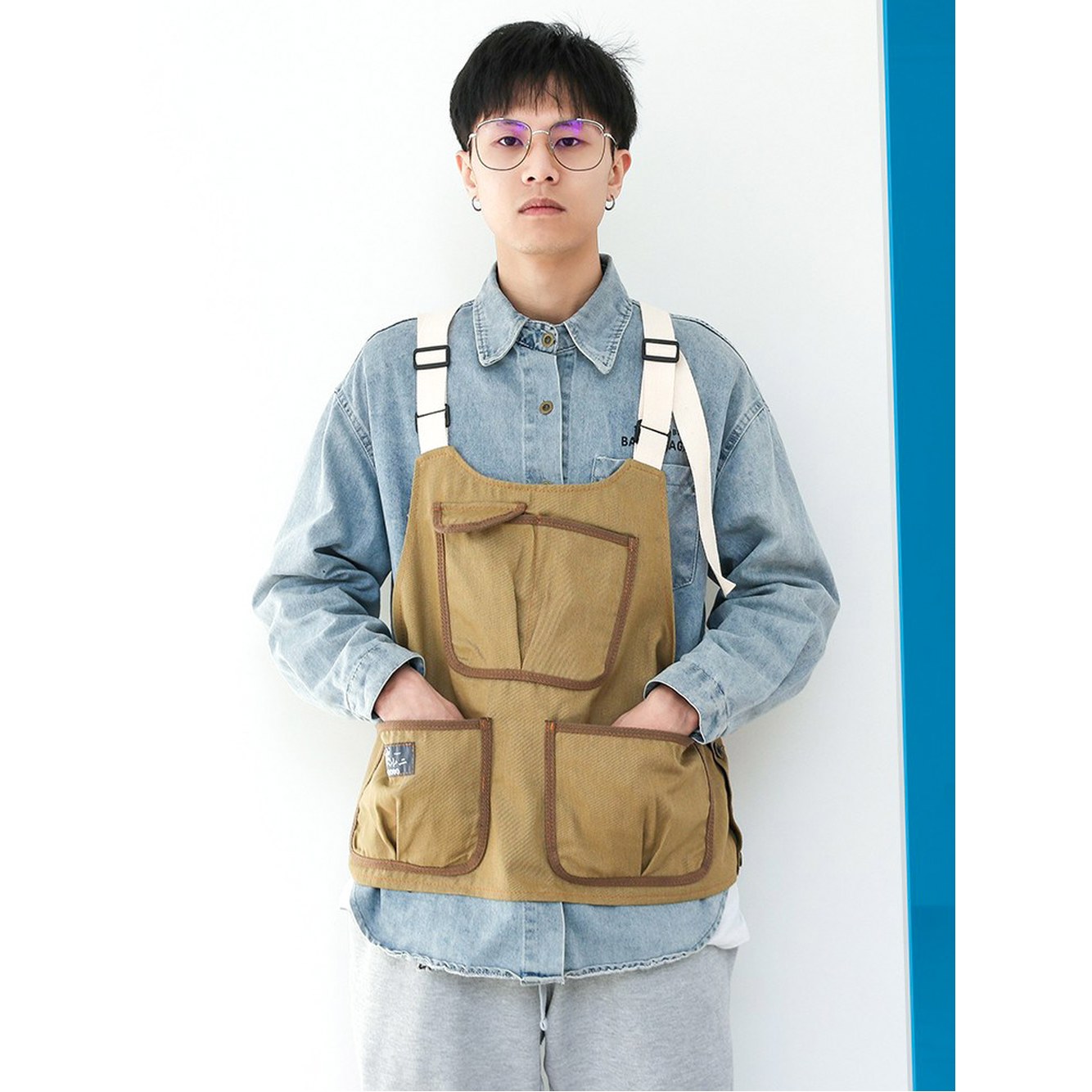 납공간 다용 카키 목공 원예 짧은 공방 캠핑 멀티 스테인레스 앞치마 도축 미술용 카키 - 상세 이미지 2