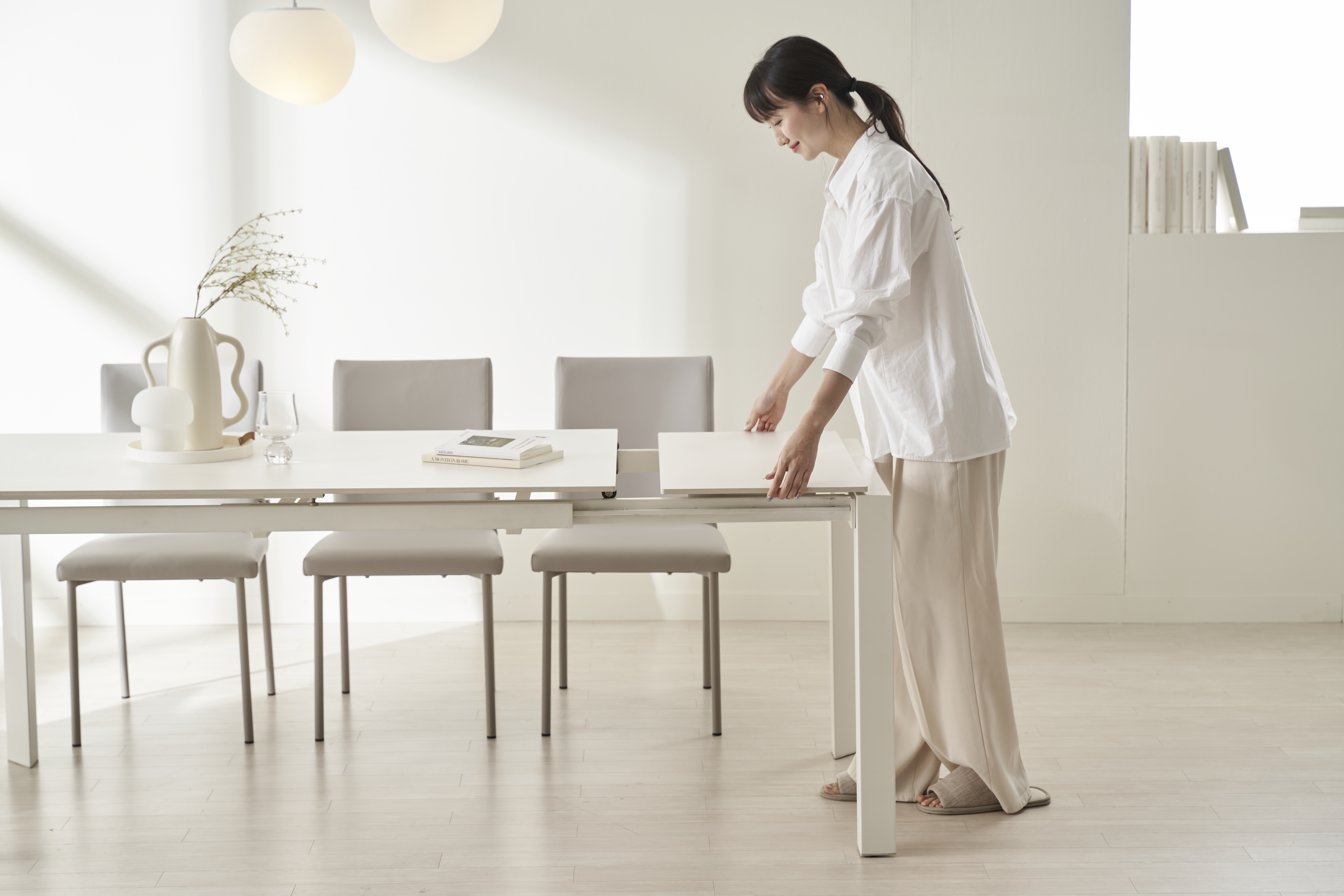 NOON 모어 직각 화이트 세라믹 확장형 6인용 포세린 식탁 1400,1800