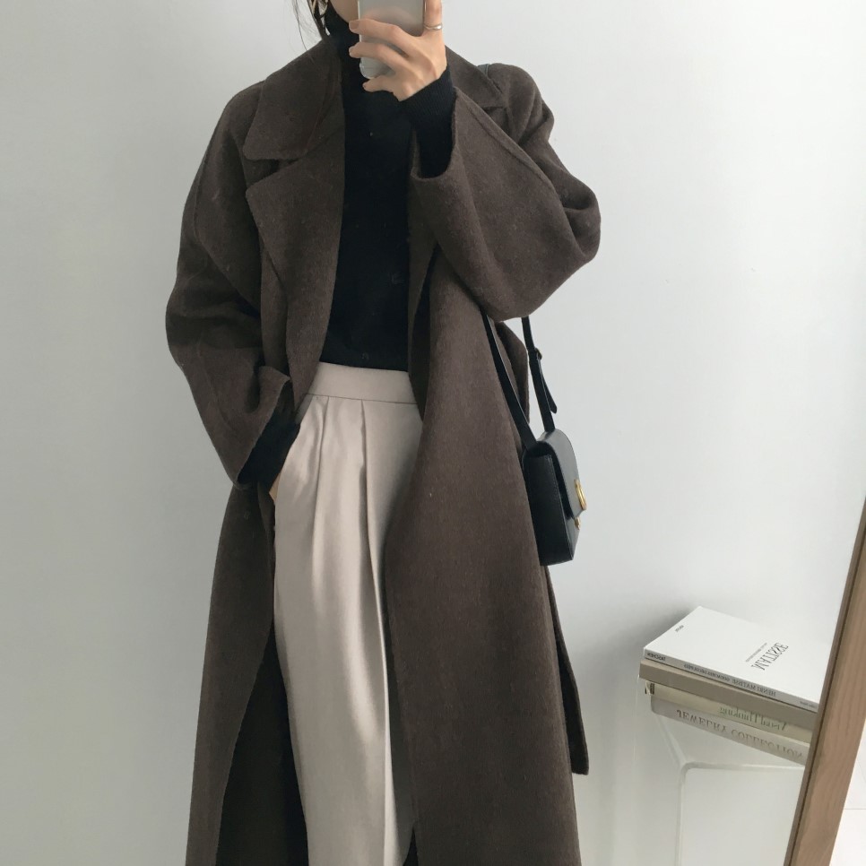 타니즈 겨울 여자 파이로 루즈핏 카라넥 로브 벨트 울 롱코트 이미지 3
