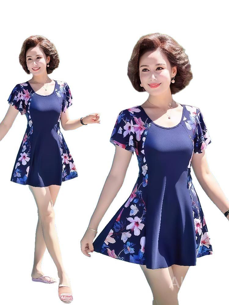 중년 수영복 60대 호텔 할머니 뱃살커버 몸매보정 호캉스 짙은 블루 꽃 L - 상세 이미지 2