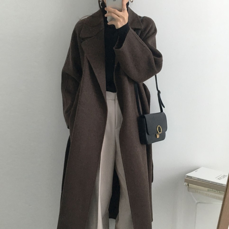 타니즈 겨울 여자 파이로 루즈핏 카라넥 로브 벨트 울 롱코트 이미지 2