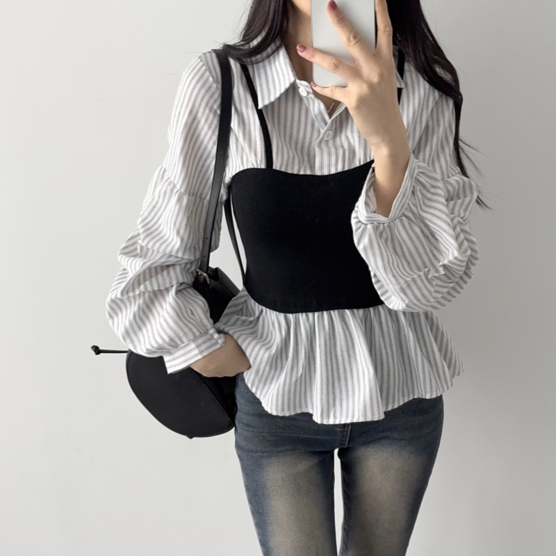 여성 뷔스티에 스트라이프셔츠 레이어드나시 - 상세 이미지 3