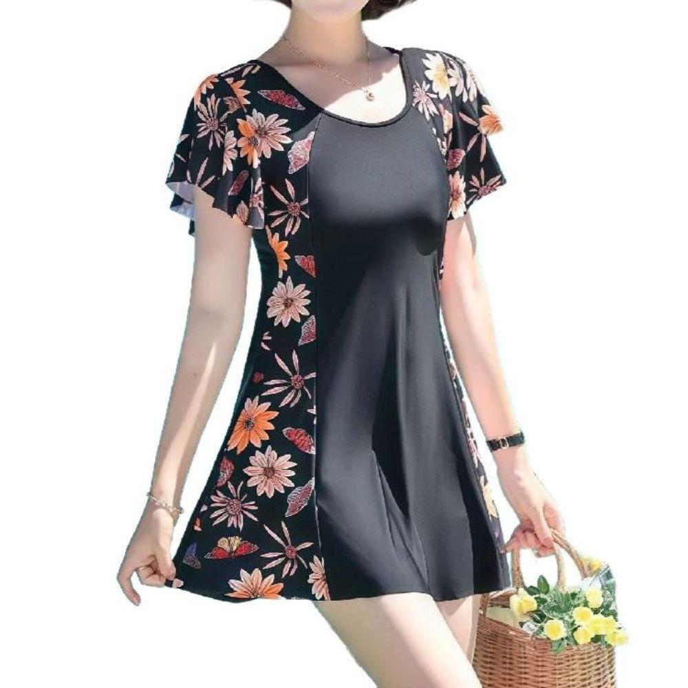 중년 수영복 60대 호텔 할머니 뱃살커버 몸매보정 호캉스 짙은 블루 꽃 L - 상품 이미지