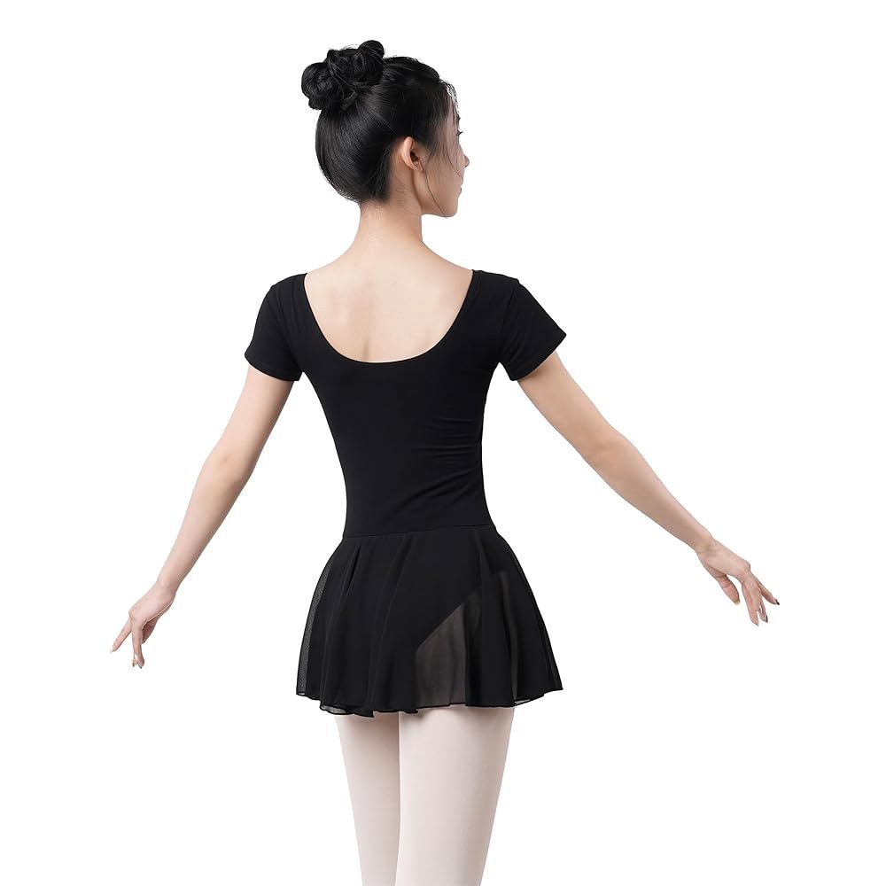 Phoeswan 캐미솔 여성용 발레 레오타드, 패드 성인용 블랙 가슴 댄스 포함, 스커트 반소매 Black Skirt X-Small - 상세 이미지 3