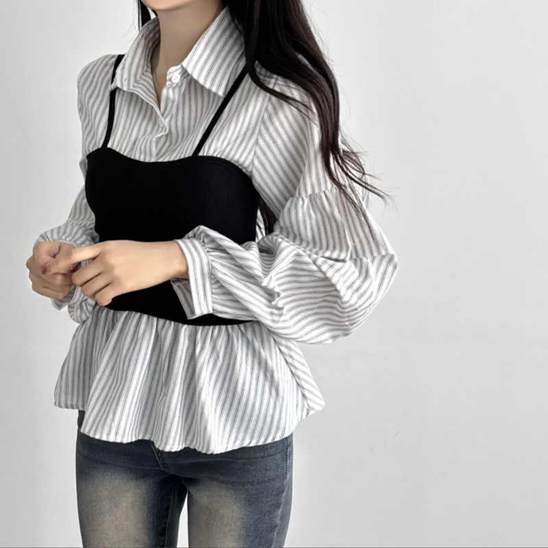 여성 뷔스티에 스트라이프셔츠 레이어드나시 - 상세 이미지 2