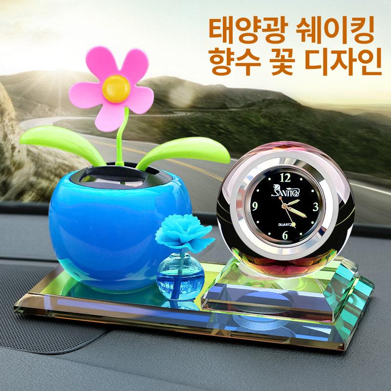 태양광 자동차 장식품 차량용 디퓨져 시계 인테리어 소품 블루 플라워+야광 시계 - 상세 이미지 3