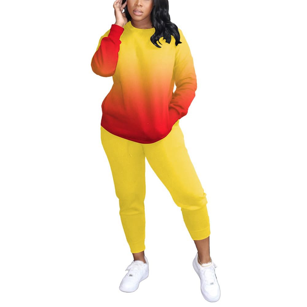 HBQ 여성용 투피스 의상 캐주얼 포함, 세트 스웨트수트 라운지 긴소매 그라데이션, 옐로우 포켓 트랙수트 조거 오렌지 XL - 상품 이미지
