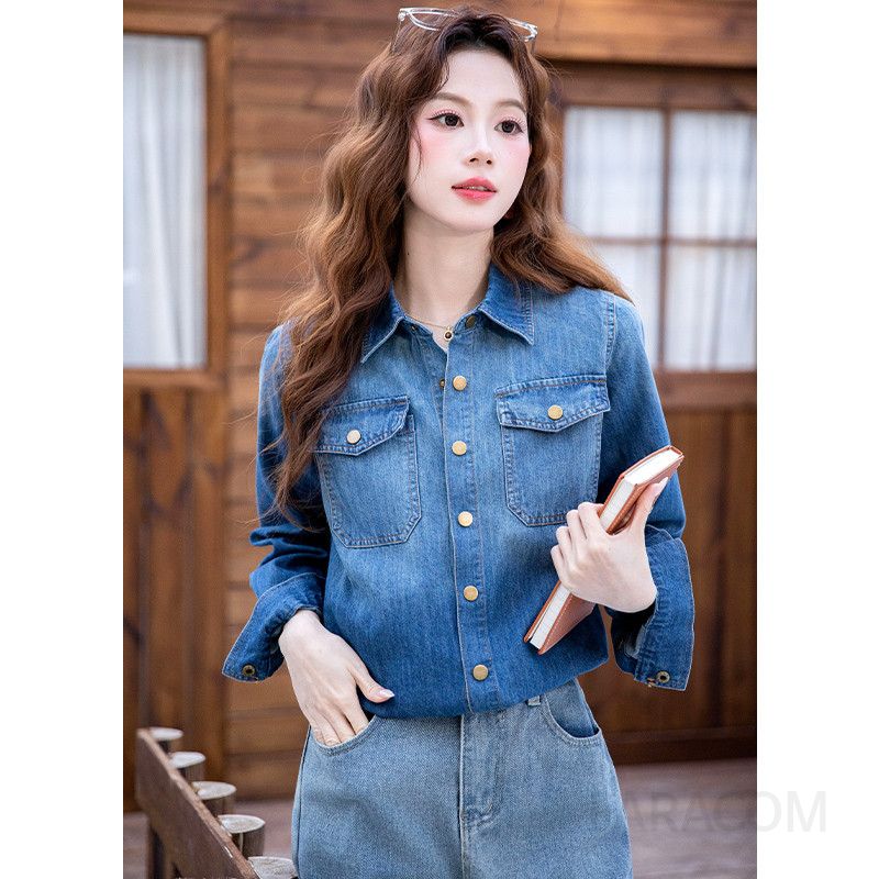 여성 캐주얼 슬림핏 트리아세테이트 데님라이크 버튼 포켓 긴팔 셔츠 블라우스 오피스룩 출근룩 데일리 유니크 베이직 남방 - 상세 이미지 4