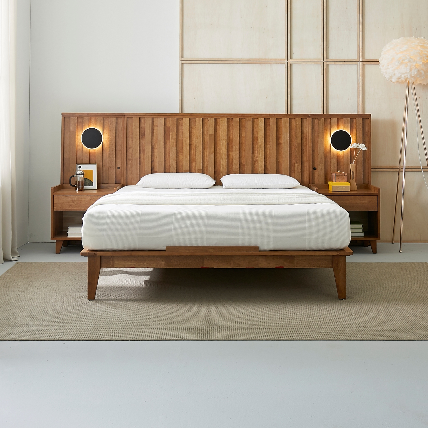 오로라 호텔식 평상형 LED 원목 침대프레임 슈퍼싱글, 월넛