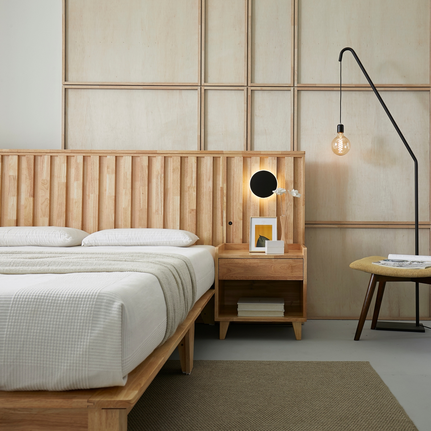 오로라 호텔식 평상형 LED 원목 침대프레임 슈퍼싱글, 내추럴