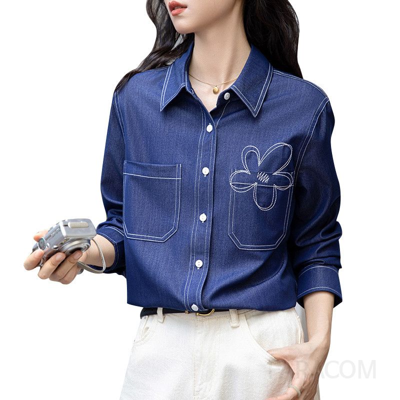 여성 데일리 캐주얼 루즈핏 트리아세테이트 플라워 자수 포켓 롱슬리브 셔츠 남방 블라우스 오피스룩 레이어드 - 상세 이미지 5