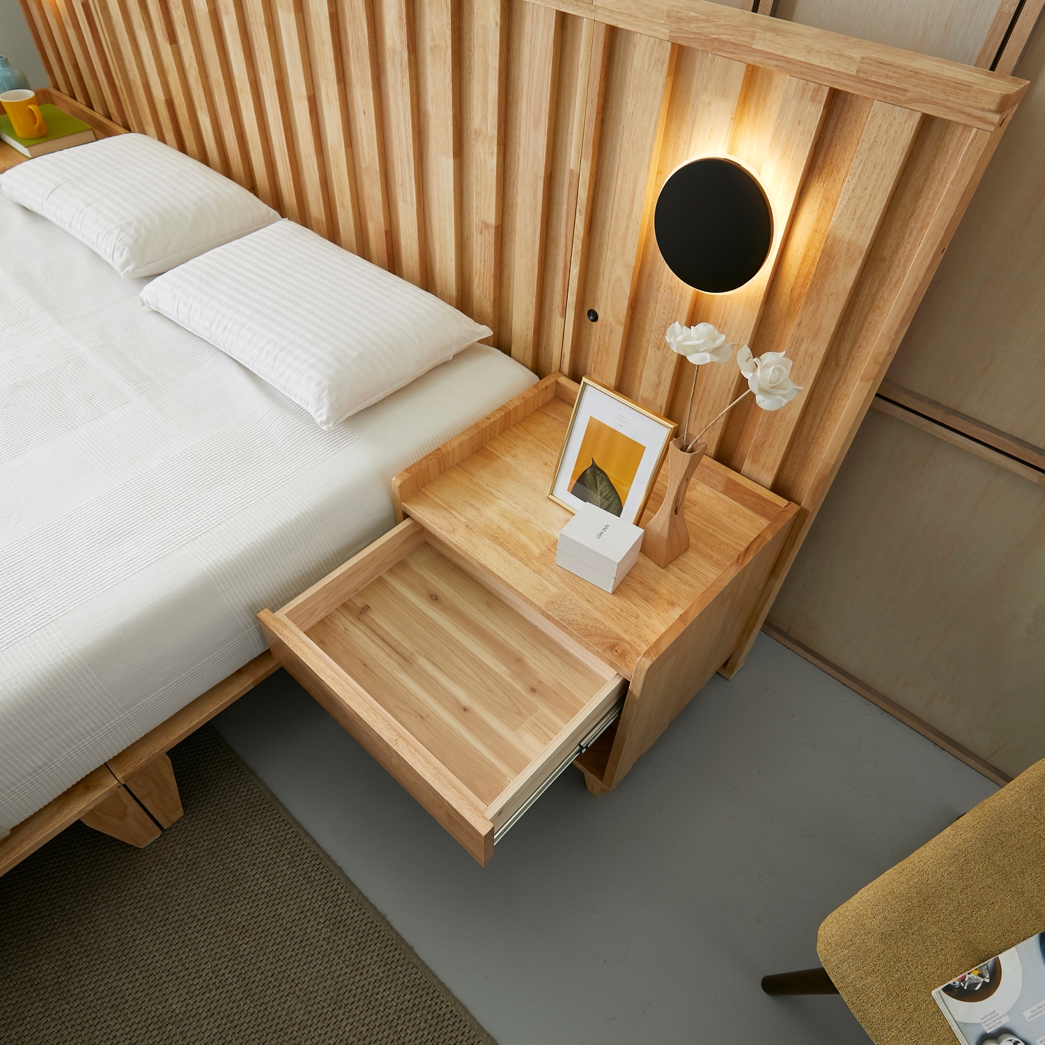 오로라 호텔식 평상형 LED 원목 침대프레임 슈퍼싱글, 내추럴