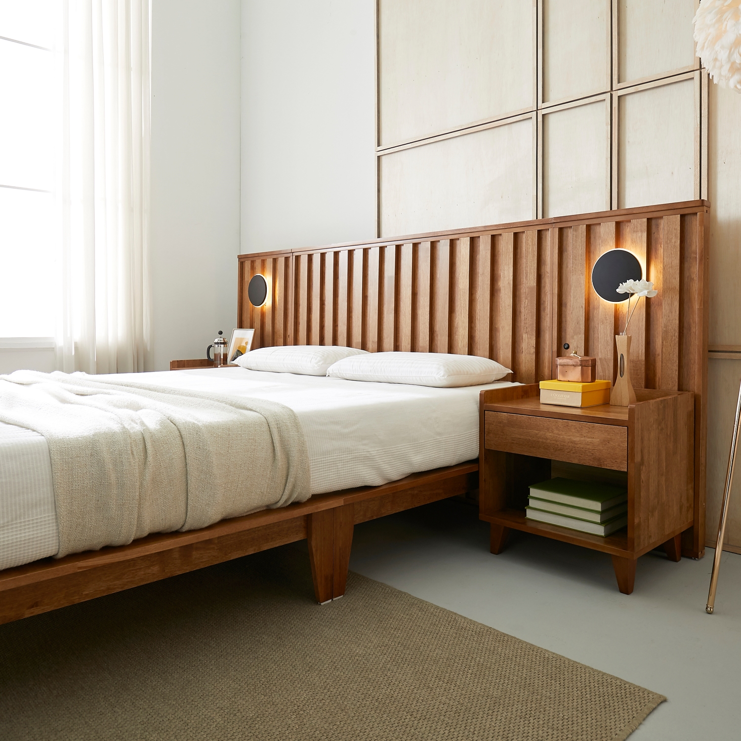 오로라 호텔식 평상형 LED 원목 침대프레임 슈퍼싱글, 월넛