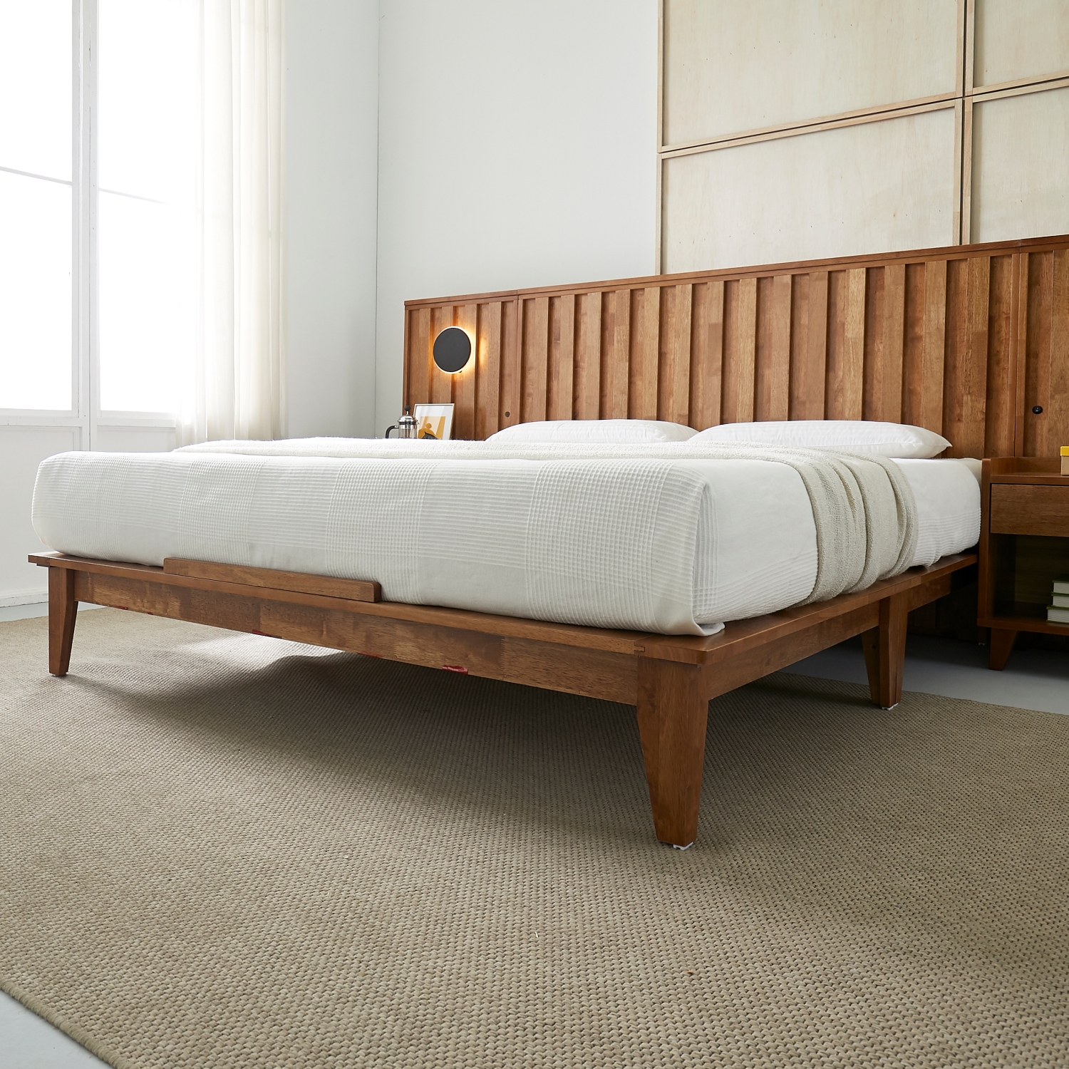 오로라 호텔식 평상형 LED 원목 침대프레임 슈퍼싱글, 월넛