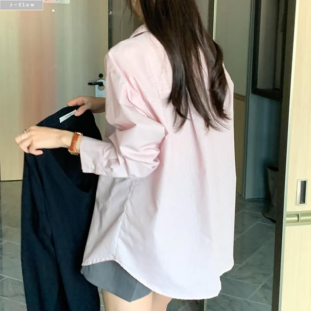 몰디 스트라이프 오버핏 하프 셔츠 2col 겨울 봄 루즈핏 카라 단가라 코튼 제이플로우 이미지 8