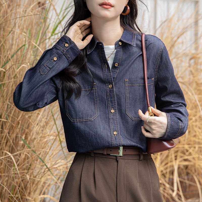 여성 캐주얼 클래식 슬림핏 트리아세테이트 데님라이크 더블포켓 롱슬리브 셔츠 남방 오피스룩 데일리룩 - 상세 이미지 2