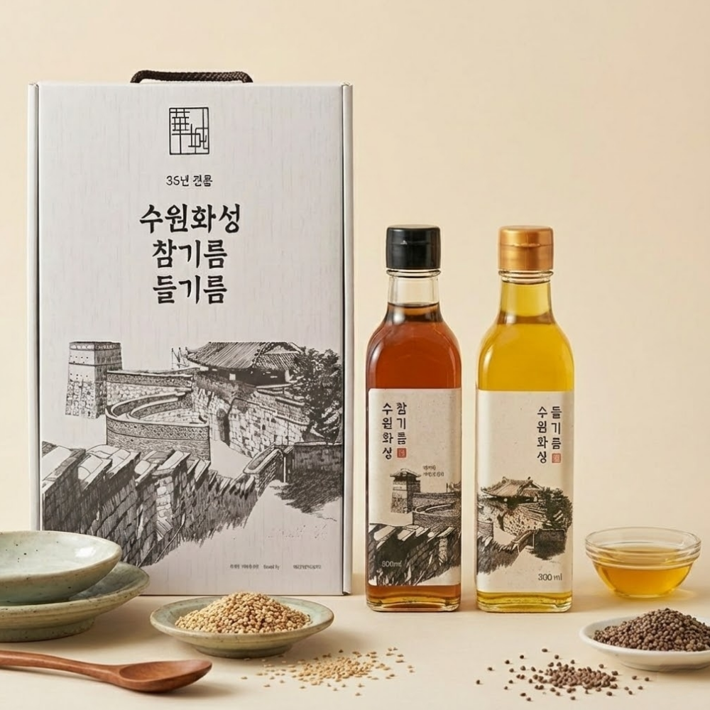 [국내제조] 저온압착 방앗간 진한 들기름 300ml+300ml 2P 선물세트 답례품 - 상품 이미지