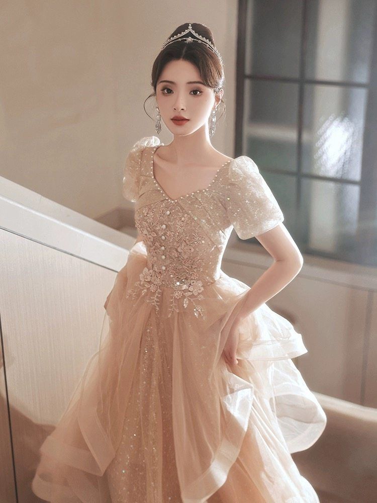 화려한 비즈장식 디너파티 롱 시상식 드레스 이브닝 무대 의상 - 상세 이미지 2