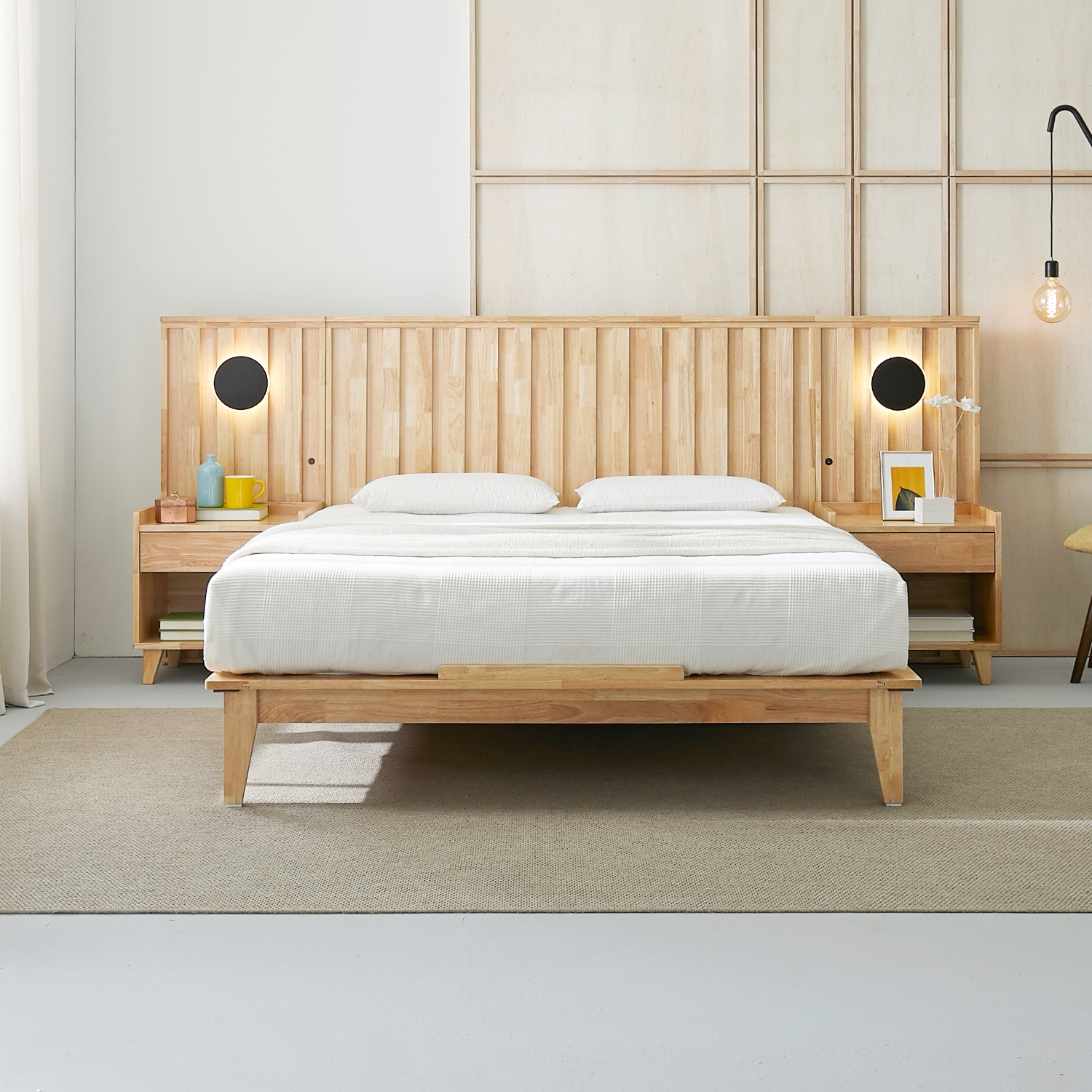 오로라 호텔식 평상형 LED 원목 침대프레임 슈퍼싱글, 내추럴