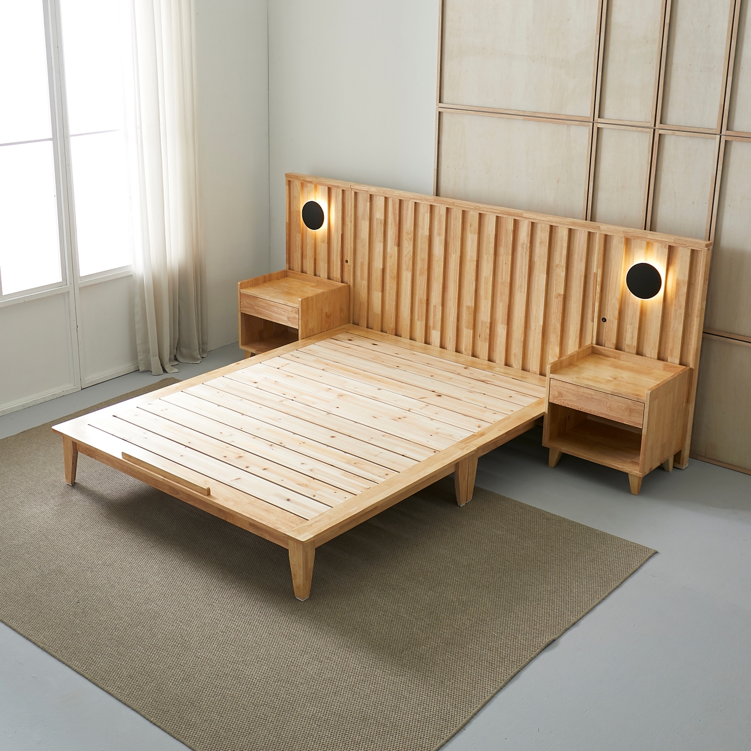 오로라 호텔식 평상형 LED 원목 침대프레임 슈퍼싱글, 내추럴