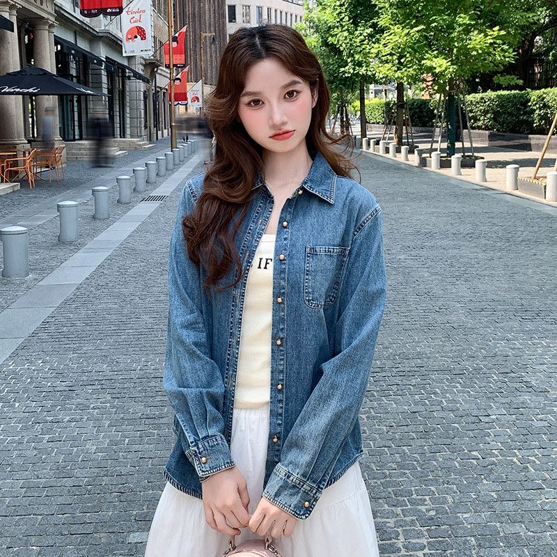 여성 데일리 캐주얼 슬림핏 트라이아세테이트 베이직 카라 롱슬리브 셔츠 남방 루즈핏 아우터 간절기 코디용 상의 - 상세 이미지 5