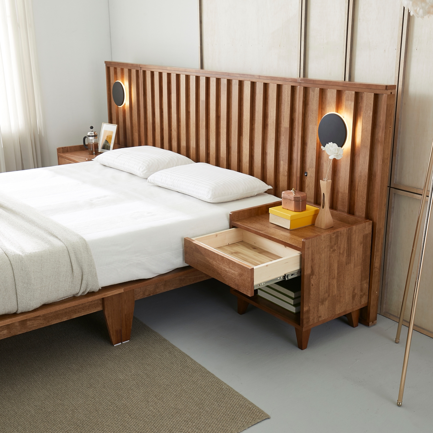 오로라 호텔식 평상형 LED 원목 침대프레임 슈퍼싱글, 월넛