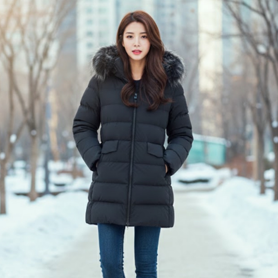 밀레 아웃도어 여성 겨울 라쿤퍼 보온 넥기모 구스다운 패딩 다운점퍼 - 상품 이미지