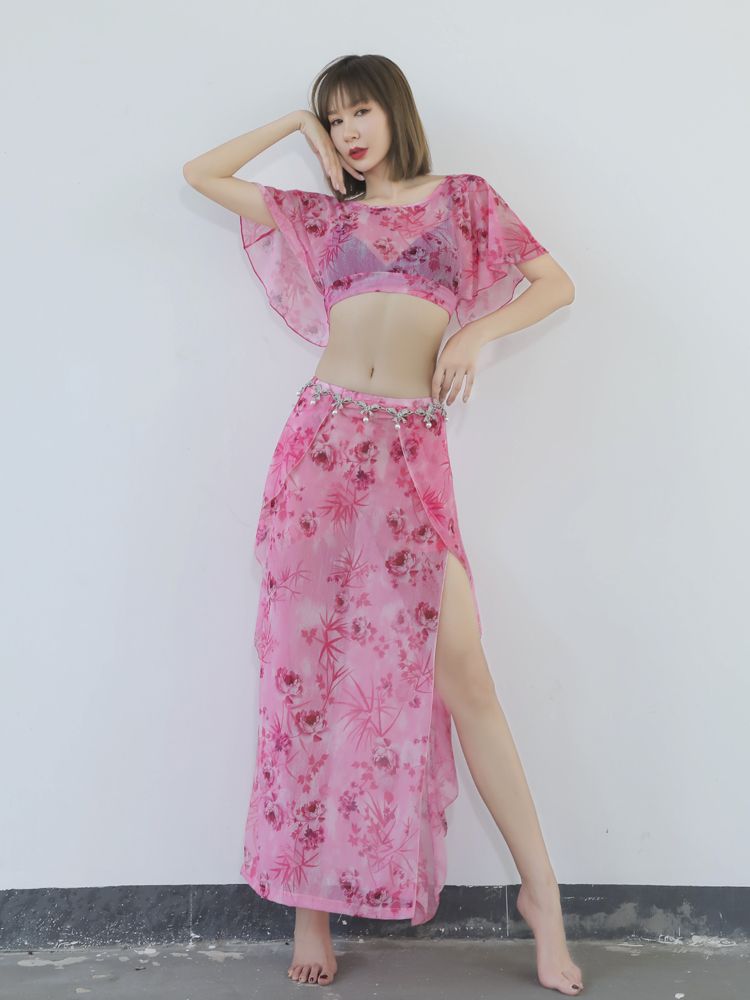 원피스 롱치마 줌바 트임 라인 공연복 댄스 의상 꽃무늬 망사 댄스복 스포츠 라틴 밸리 - 상세 이미지 4