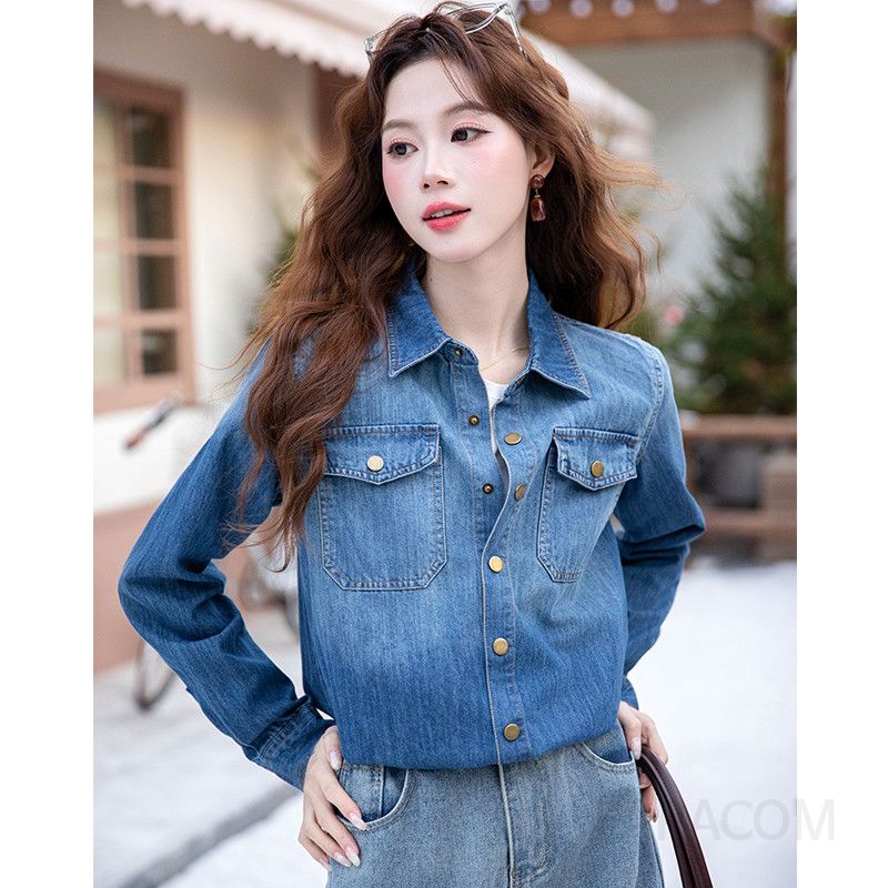 여성 캐주얼 슬림핏 트리아세테이트 데님라이크 버튼 포켓 긴팔 셔츠 블라우스 오피스룩 출근룩 데일리 유니크 베이직 남방 - 상세 이미지 3