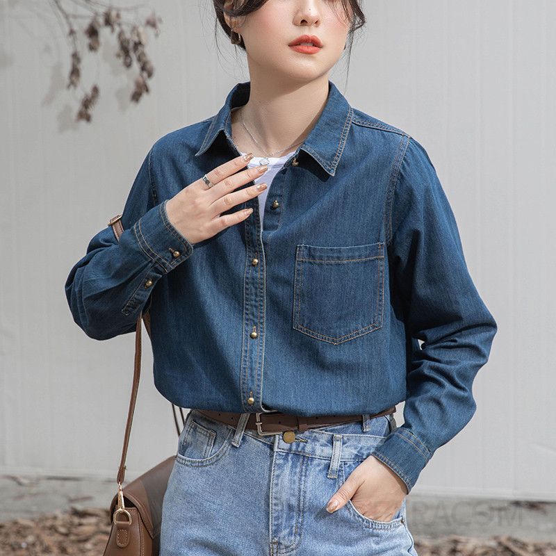 여성 데일리 캐주얼 루즈핏 트리아세테이트 포켓 긴소매 카라 데님셔츠 남방 워싱 데님룩 출근룩 아우터 - 상세 이미지 3