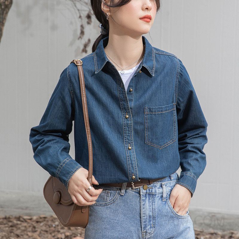 여성 데일리 캐주얼 루즈핏 트리아세테이트 포켓 긴소매 카라 데님셔츠 남방 워싱 데님룩 출근룩 아우터 - 상세 이미지 4