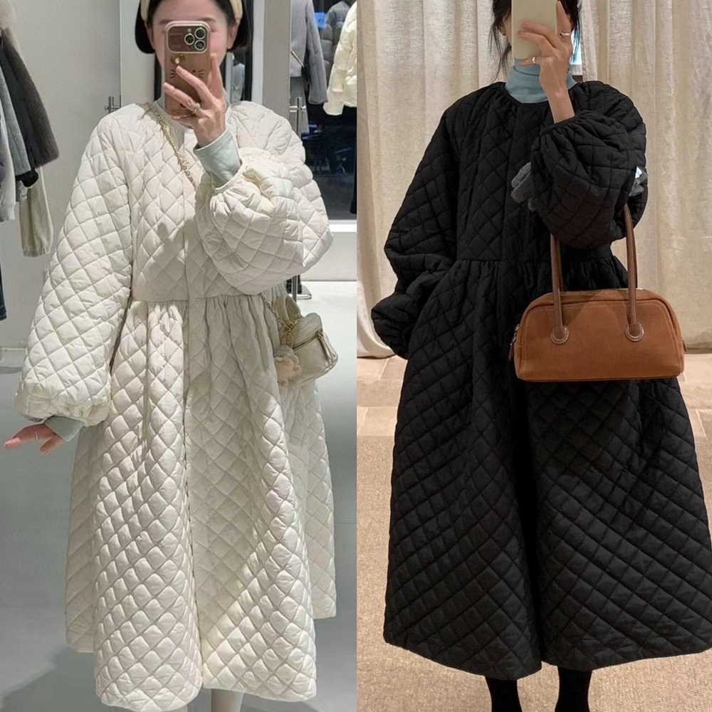 겨울패딩 투피스 퀼팅 누빔 벌룬소매 A라인 롱원피스 빅사이즈 루즈핏 따뜻한 여성 캐주얼 - 상품 이미지