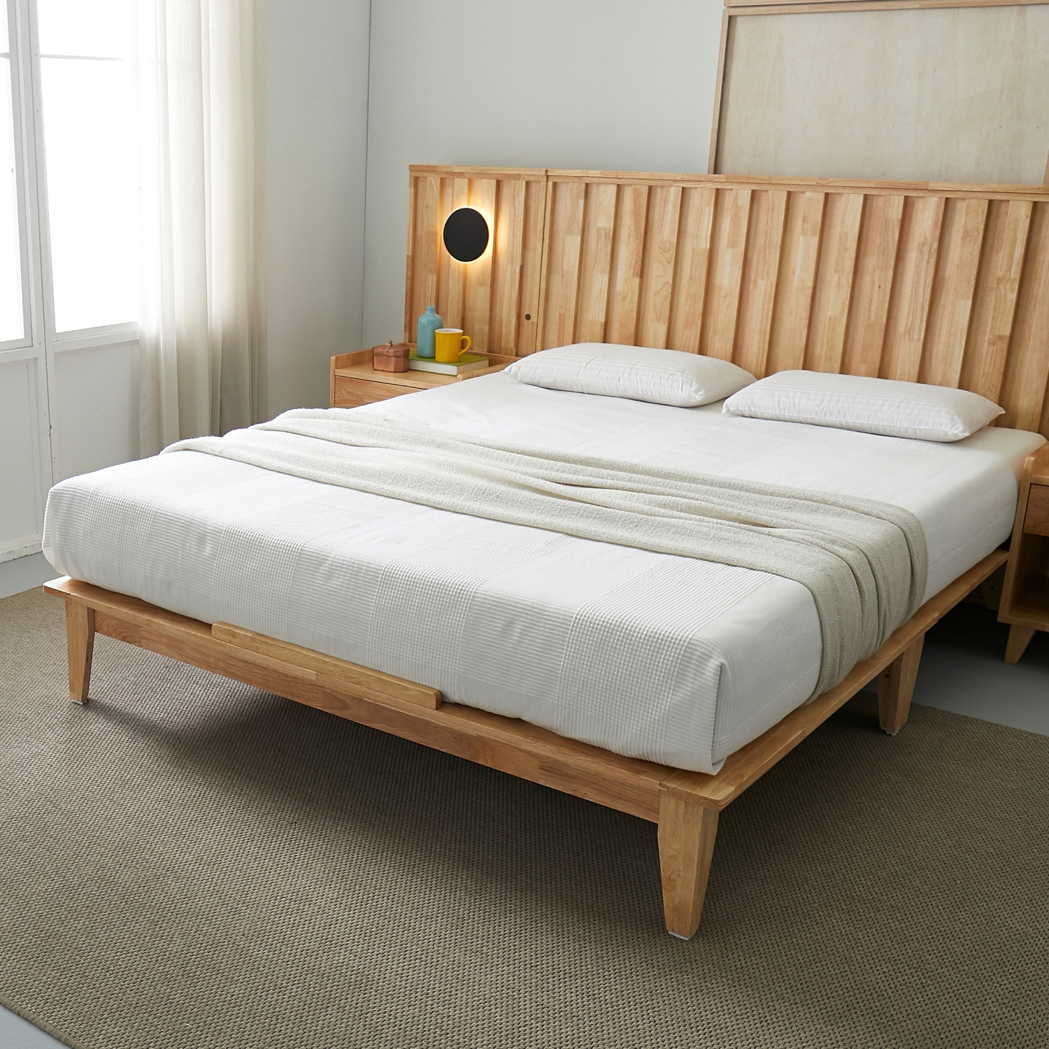 오로라 호텔식 평상형 LED 원목 침대프레임 슈퍼싱글, 내추럴