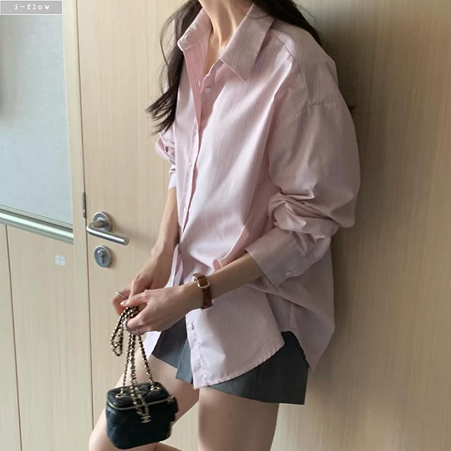 몰디 스트라이프 오버핏 하프 셔츠 2col 겨울 봄 루즈핏 카라 단가라 코튼 제이플로우 - 상세 이미지 2