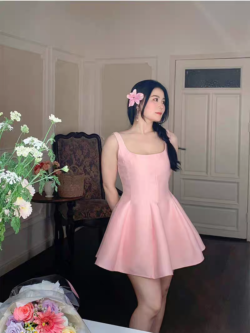빅사이즈 플레어 미니 원피스 핑크 아이보리 하객룩 셀프웨딩 스튜디오 촬영 파티 드레스 - 상품 이미지