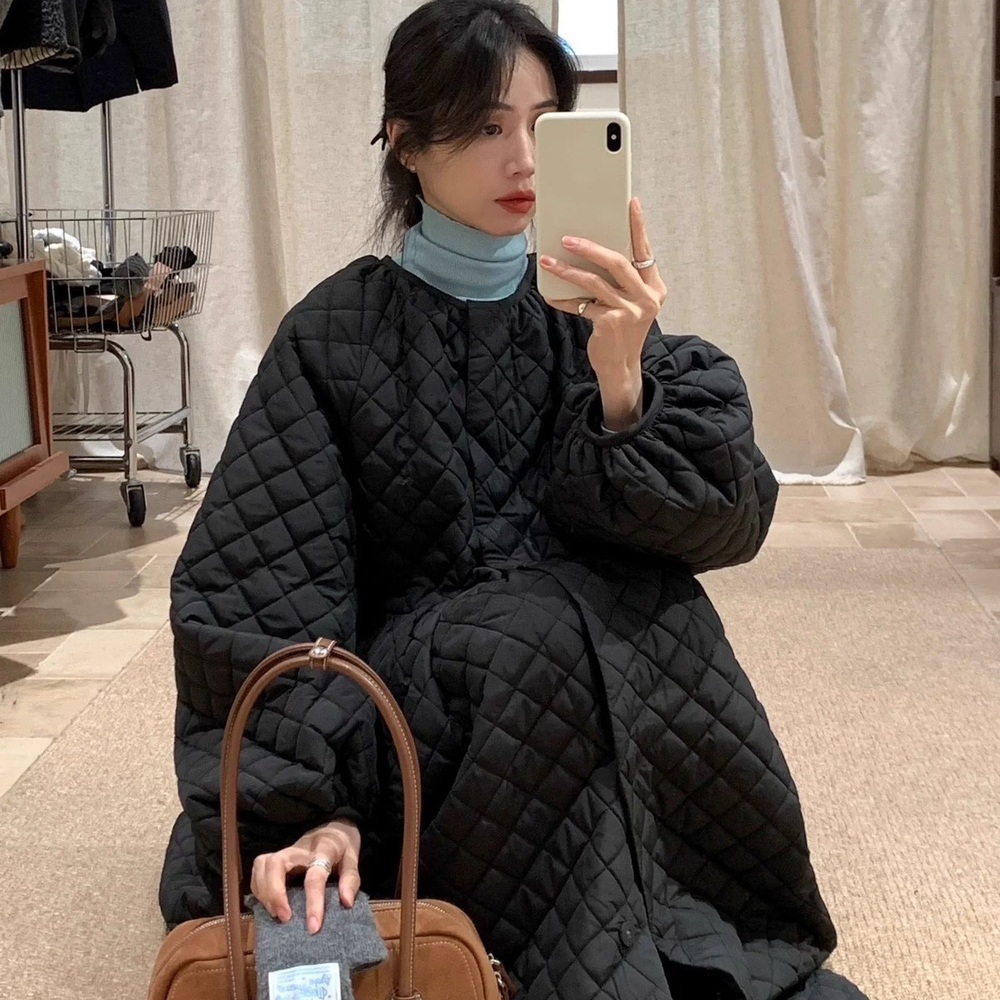 겨울패딩 투피스 퀼팅 누빔 벌룬소매 A라인 롱원피스 빅사이즈 루즈핏 따뜻한 여성 캐주얼 - 상세 이미지 4