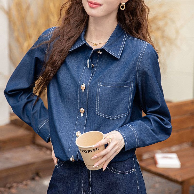 여성 캐주얼 오피스룩 여유로운 루즈핏 포플린 배색 스티치 포켓 긴소매 셔츠 블라우스 남방 베이직 심플 단정한 디자인 - 상세 이미지 2