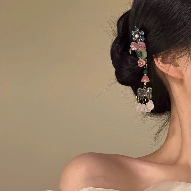 글라스링 동양풍 롱 드롭 플라워 장식 헤어핀 - 상품 이미지