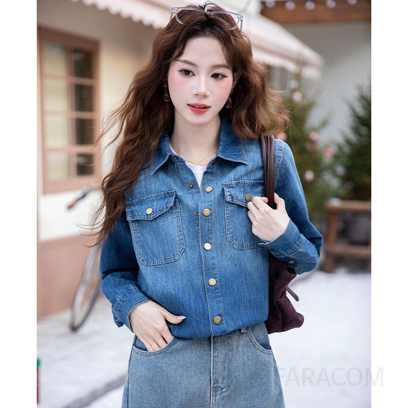 여성 캐주얼 슬림핏 트리아세테이트 데님라이크 버튼 포켓 긴팔 셔츠 블라우스 오피스룩 출근룩 데일리 유니크 베이직 남방 - 상세 이미지 5
