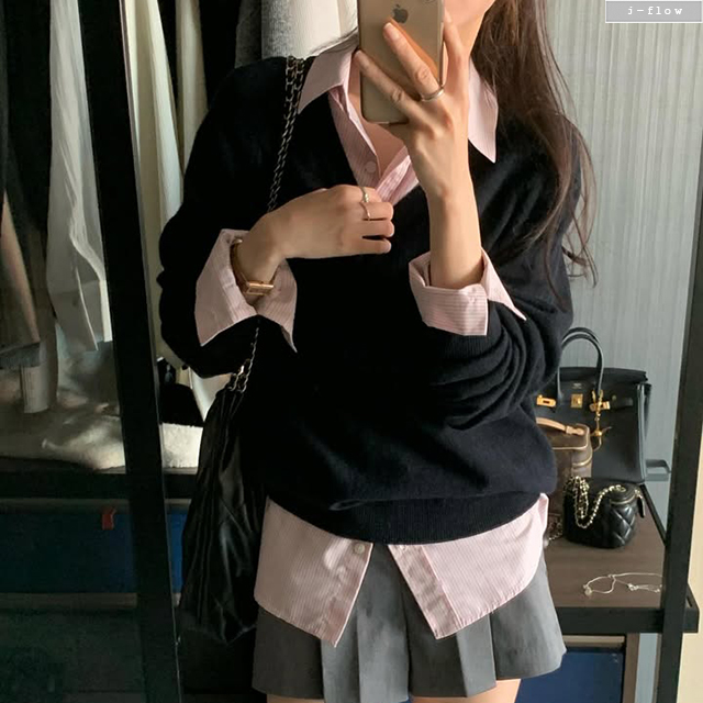 몰디 스트라이프 오버핏 하프 셔츠 2col 겨울 봄 루즈핏 카라 단가라 코튼 제이플로우 - 상세 이미지 5