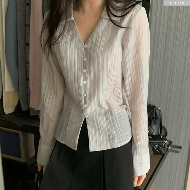 베잉 브이넥 카라 세미크롭 블라우스 3col 봄 여름 레이어드 시스루 트임 제이플로우 - 상세 이미지 3