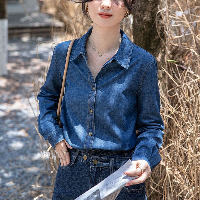 여성 데일리 캐주얼 트리아세테이트 데님 스타일 베이직 긴팔 포켓 셔츠 블라우스 오피스룩 - 상세 이미지 3
